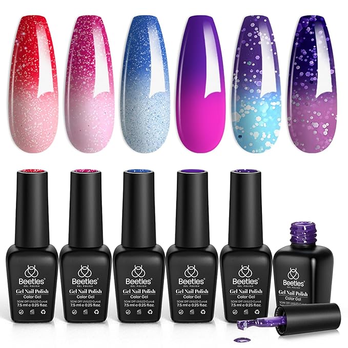 Beetles Color Changing Gel Nail Polish Set - 6 Colors Pink Red Glitter Blue Purple Mood Temperature Change Nail Polish Gel Set Soak Off Nail Art Gel DIY Salon Manicure Gift for Women
