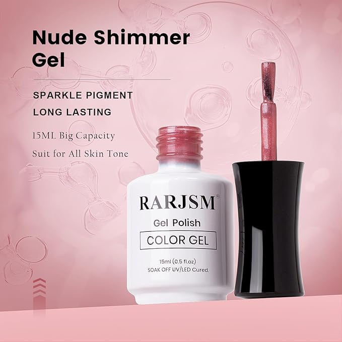 RARJSM Nude Glitter Gel Nail Polish Rose Gold Metallic Dark Dirty Pink with Silver Pearl Finish Shimmer Gel Polish 15ml UV LED Soak Off Soft Color Home Salon French Manicure Varnish Curing Requires
