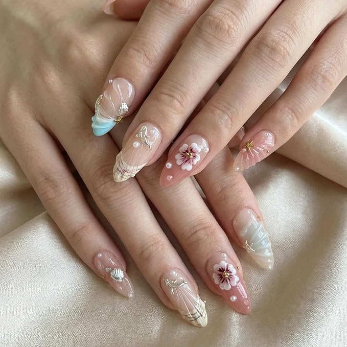 Press on Nails Medium Almond Fake Nails 3D French Artificial Nail Flowers and Pearl Charm Stick on Nail for Women 24pcs