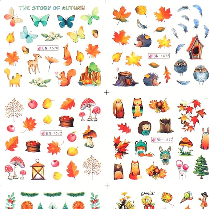24 Sheets Fall Nail Art Decals, Holographic Autumn Leaf Water Transfer Decal Design, Maple Leaf Little Animals Nail Art Sticker for Women Girls Manicure Charms Decorations, Thanksgiving Nail Sticker