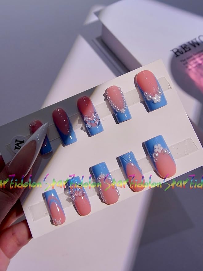 HAND-PAINTED White Press Ons Neon Small Press on Nails Long French Press on Nails Coffin Medium Short Nail art Fake Nail Art Kit with 7g Glue on Nails Handmade Almond Square Nails (TJ57, Custom)