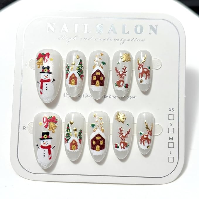 30Pcs Christmas Press on Nails Medium Almond Fake Nails Xmas Snowman False Nails with Gold Designs White Glossy on Nails Elk House Stick on Nail Full Cover Acrylic Nail for Women Manicure