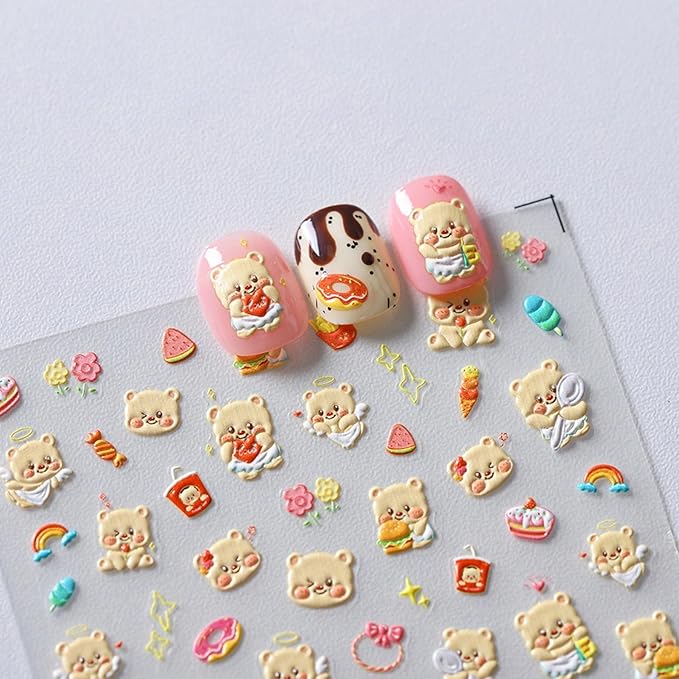 Dedyel Cute Nail Stickers 5D Embossed Cartoon Bear Kawaii Animal Self-Adhesive Nail Decals for Women Girls Kids Nail Art Decoration