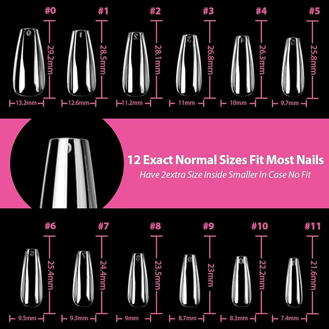 UNA GELLA Long Coffin Nail Tips, 216pcs Clear Long Coffin Gel Nail Tips False Fake Press on Nails Tips Full Cover Acrylic Nails Coffin Shaped For Nail Extension DIY Salon Soft Gel Tips 12 Sizes