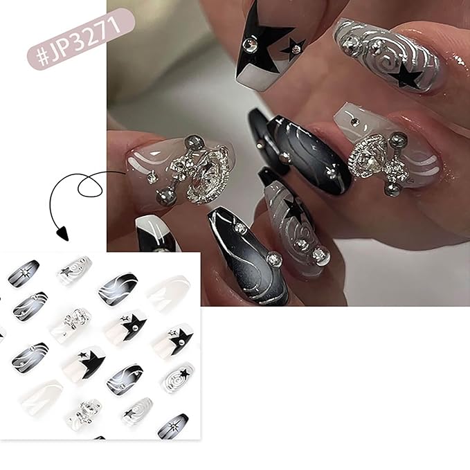 RTKHFZE Press on Nails Medium Coffin Fake Nails Black Gradient Acrylic Press on False Nails with y2k Planet Flash Diamond Artificial Press on Nails with Design Stick on Nails for Women