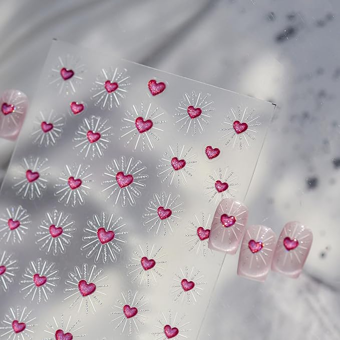 Valentines Nail Stickers for Nail Art Pink Heart Nail Art Stickers 5D Embossed Glitter Nail Decals Holiday Nail Design for Women Manicure DIY Decoration Accessories