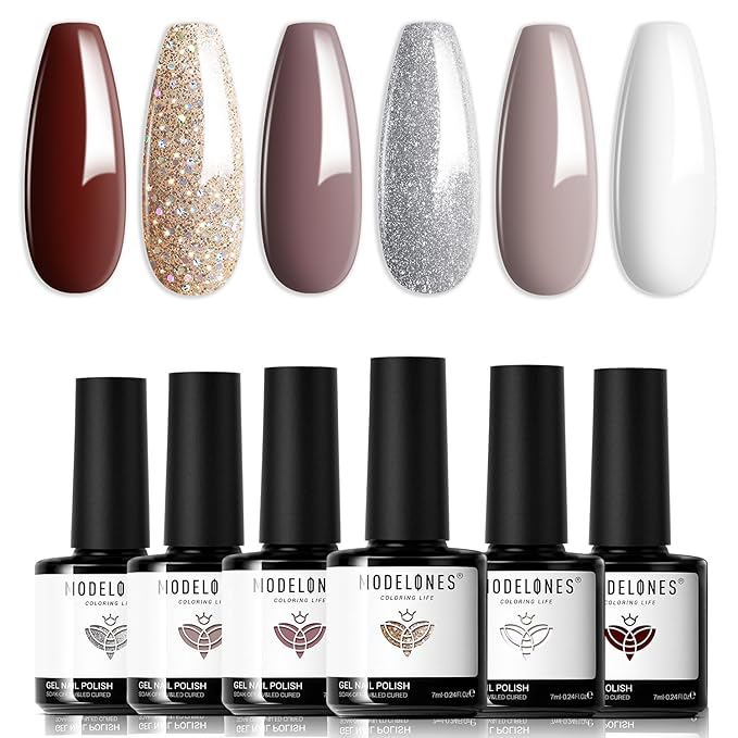 modelones Gel Nail Polish Set 6 Colors Fall Winter White Nude Brown Gel Polish Maroon Burgundy Red Champagne Gold Silver Tan Nail Art Design Kit Basic Soak Off Manicure Salon DIY Gift for Women Girls