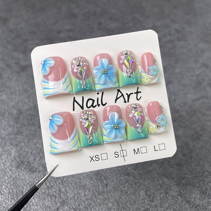 Handmade Press on Nails 3D Blue White Gradient Flower Fake Nails Short Duck False Nail Kit French Tip Luxury Handmade Rhinestone Design Muti-Layer Gel Stick on Nails Acrylic Nail for Women (M)