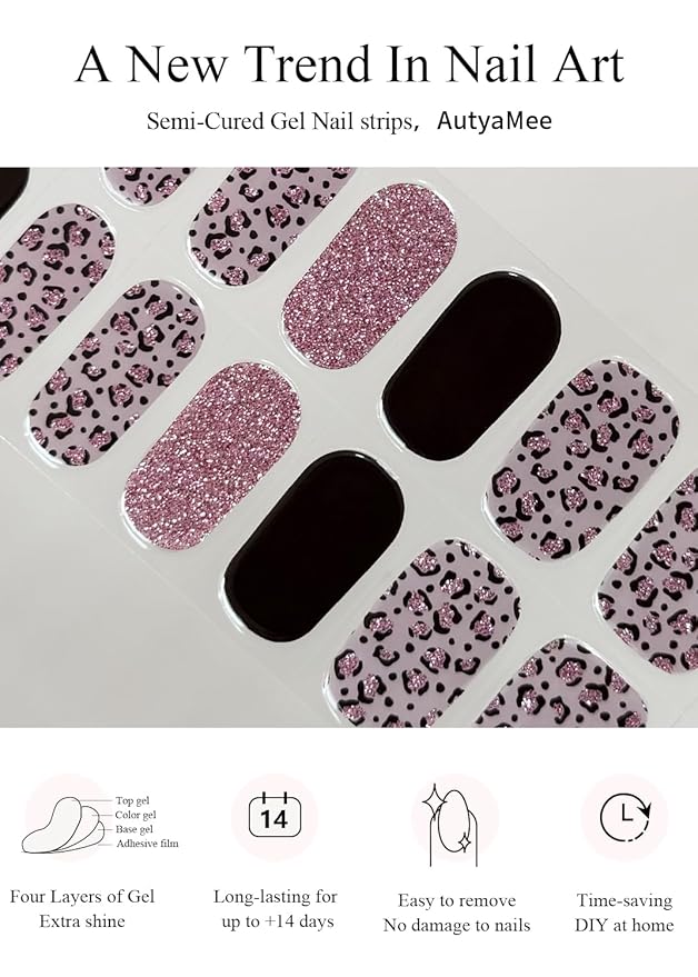 Semi Cured Gel Nail Strips (Glitter Leopard), Purple, 20 Pcs Gel Nail Wraps, Stickers, Salon Quality, Long Lasting, Works with Any UV Lamps