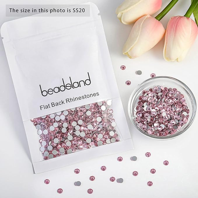 Beadsland Flat Back Crystal Rhinestones Round Gems for Nail Art and Craft Glue Fix, Light Pink, 10mm, SS50/144pcs