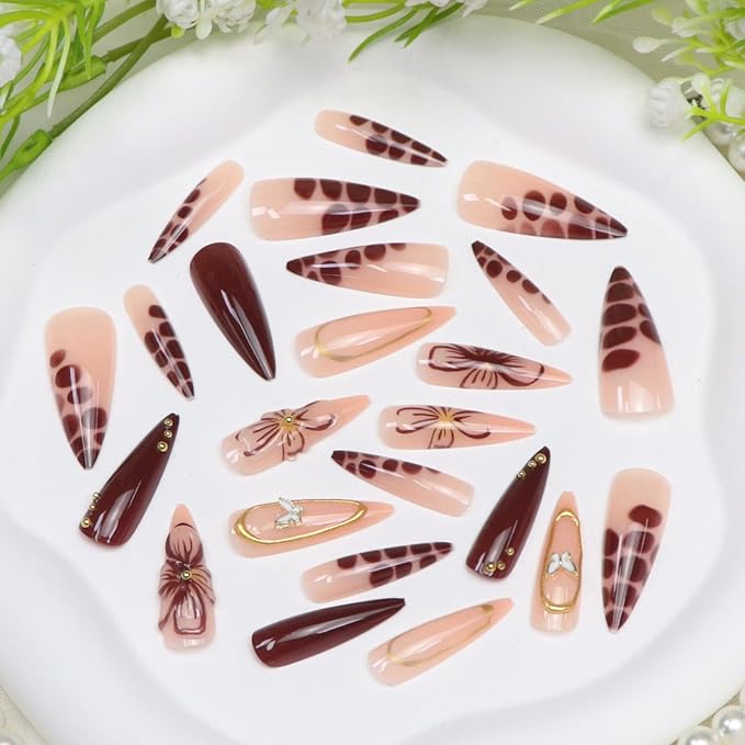 Long Press on Nails Stiletto Fake Nails with Flower Golden Beads Lines Butterfly Charm Designs Brown Nude Full Cover Glue on Nails Press ons Acrylic Glossy Stick on Nail for Women 24 Pcs