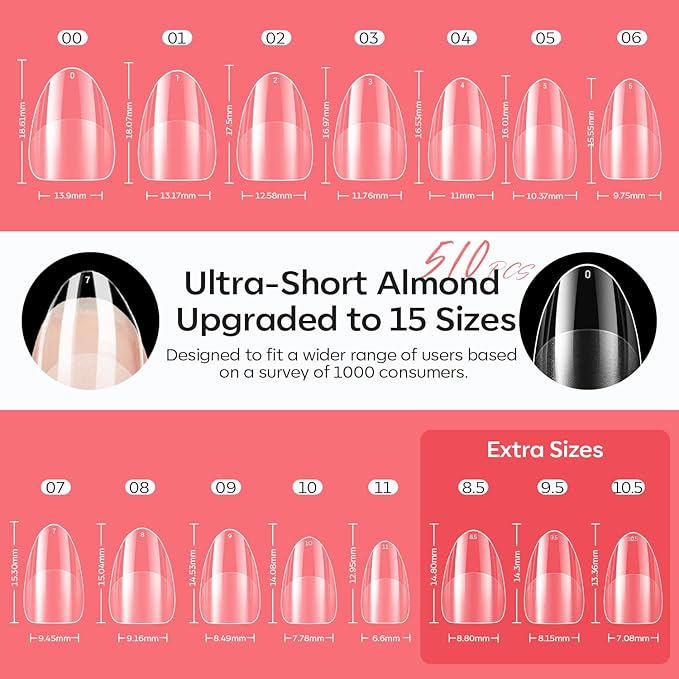 modelones X Nail Gel Kit Almond, Upgraded 15Sizes Fake Nails 510Pcs, 9-in-One Glue Prep Dehydrator & Portable Mini U V Light Acrylic Clipper, Extra Short Almond Press on Tips Extension Kit