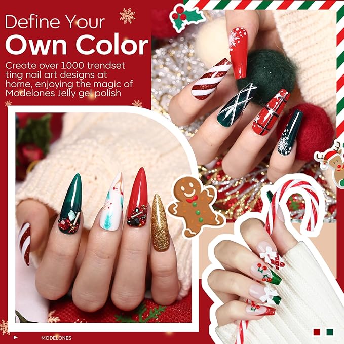 modelones Christmas Gel Nail Polish Set, 6 Colors Winter Red Glitter Dark Green White Gold Silver Gel Polish Kit Soak Off Nail Art Manicure Home Gift for Women Girls