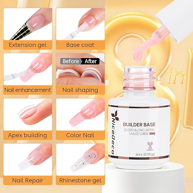 Nicedeco Builder Nail Gel Polish 12pcs, Hema Free, Cruelty Free, Vegan, Base Colors Nude Pink Hard Strengthener Rubber Gel Extension Kit 1