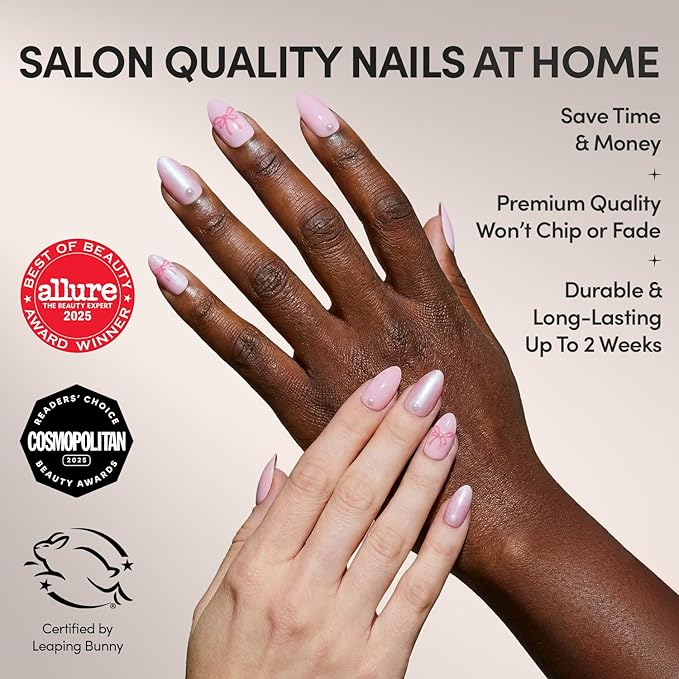 Valentines Day Glamnetic Press On Nails - Love Knot | Short Almond Fake Nails with 3D Pearls, Ribbon Bow Designs in a mix of Velvet & Glossy Finishes | 15 Sizes - 30 Nail Kit with Glue
