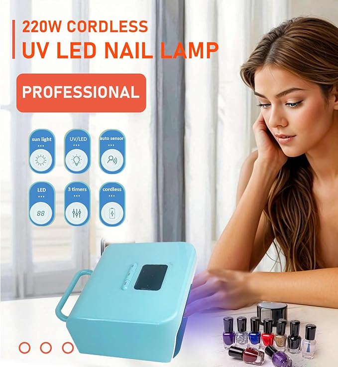 Cordless UV Nail Lamp 220W, Professional LED Nail Lamp with 48 Beads & Touch Display, Rechargeable UV Light for Gel Nails Built-in 3-Timer Modes & Auto Sensor, Fast Curing Nail Dryer (Blue)
