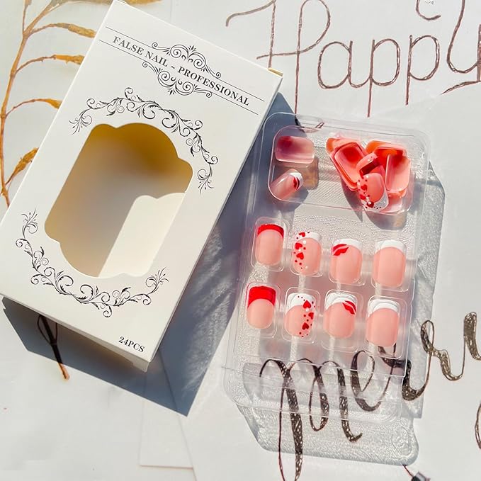 24Pcs Heart Press on Nails Valentines Day French Tip Fake Nails Short Square Petite Acrylic Nails with Heart Red Lips Design Valentines Glue on Nails Glossy Artificial False Nails for Women and Girls