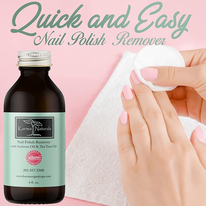 Karma Organic Nail Polish Remover with Soybean Oil and Tea Tree Oil- Non Toxic, Vegan, Cruelty Free, Acetone Free – Nails Strengthener for Fingernails – 4 fl. Oz.
