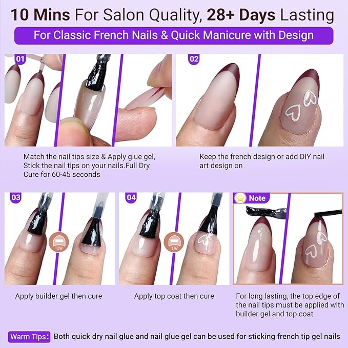 Gel French Tip Nails Medium Almond French Tip Press on Nails SXVME White French Nail Tips 150Pcs Pre-applied Tip Primer Natural Skin Tones Fake Nails Extensions Gel Nail Kit for Women Girls DIY