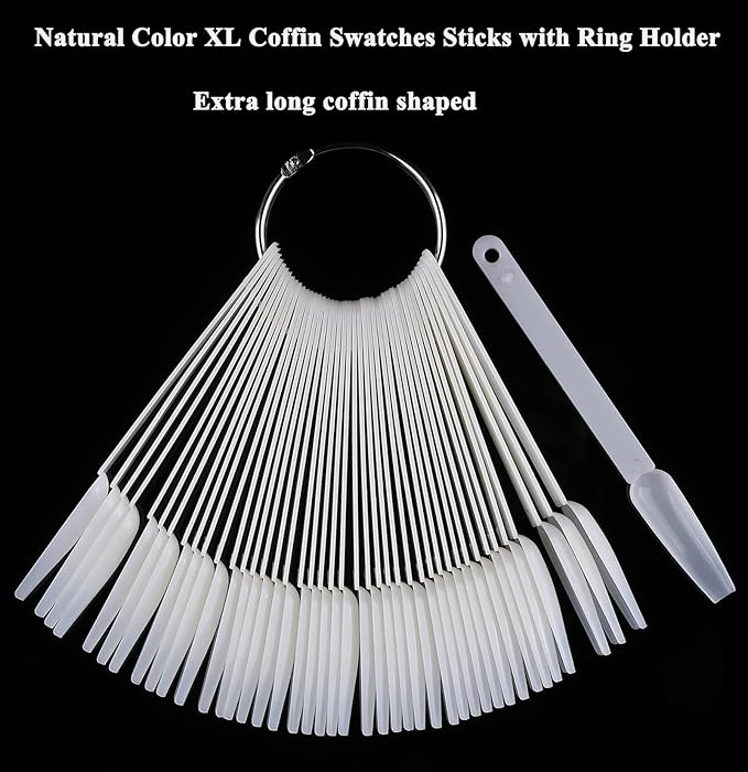 150pc Long Coffin Nail Swatch Sticks Vanish Polish Color Design Display Stick Tips Ballerina Fan Cards Nails Art Practice Tools with Rings