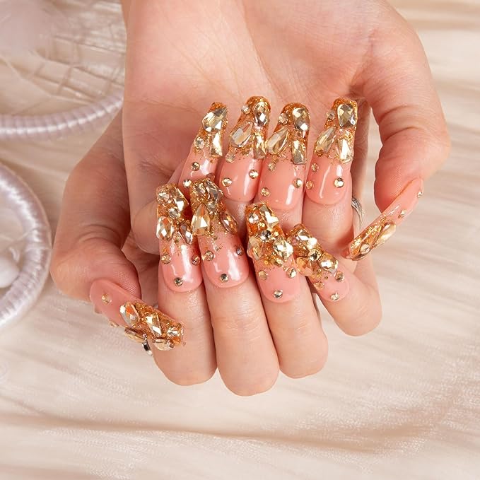 LOVFUL Press on Nails Stardust Gold Rhinestone | Handmade with Full Covered Crystals | Reusable Full Cover Nails | Coffin Classic Regular 1.3 in | H84-S