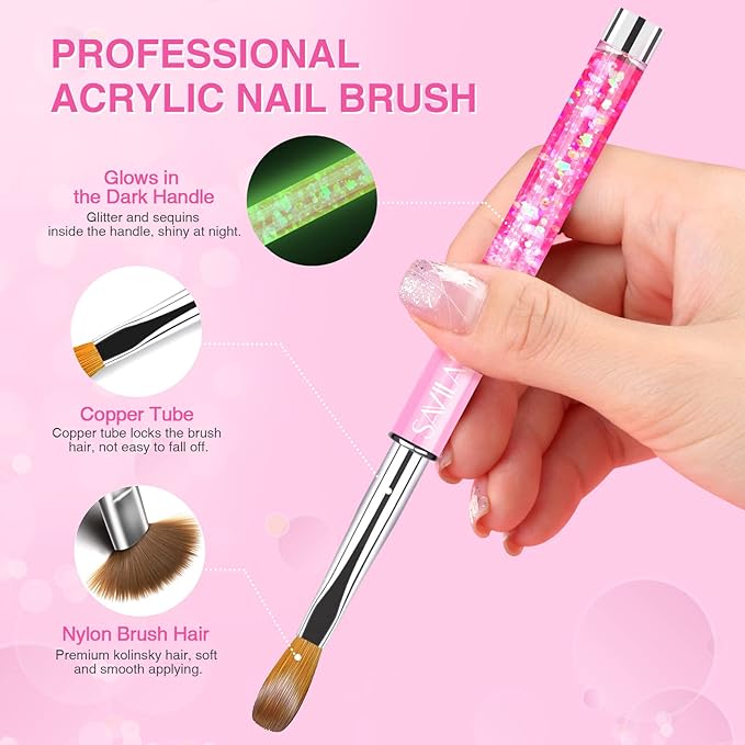 SAVILAND Kolinsky Acrylic Nail Brush Set: Size 6,8,12,14 Professional Glows in the Dark Manicure Brushes for Acrylic Powder Application 3D Nail Art Carving & Extension Tools Home DIY Nail Art Salon