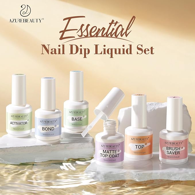 AZUREBEAUTY Dip Powder Liquid Set Bond, Base, Glossy Matte Top Coat, Activator, Brush Saver Dipping Powder Essential Tools No Nail Lamp Needed 0.5Fl oz 15ml 6Pcs