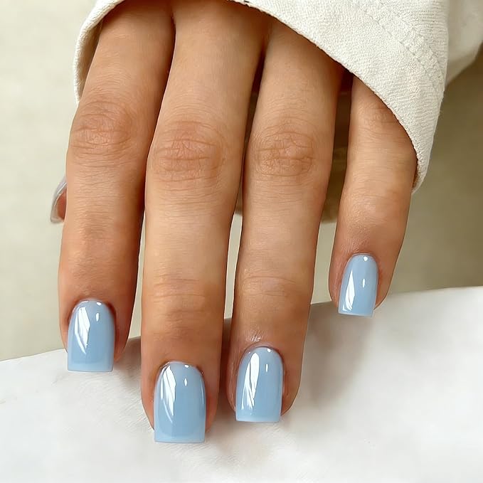 Chrome Sky Blue Press on Nails Short Square, Glazed Short Fake Nails with Sparkle Mirror Design, Shiny Glitter Glue on Nails with Glue, Cute Gel Nail Press ons for Fingernail 30 Pcs