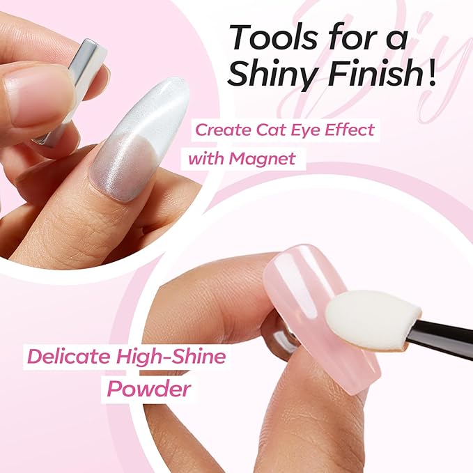 modelones Silver Cat Eye Gel Nail Polish Kit Jelly Pink White Sheer Nude French Gel Polish Set, Magnet Tools Pearl Chrome Powder Flatback Rhinestones Pearls, 4 Colors Gel Mini Salon Gift for Women