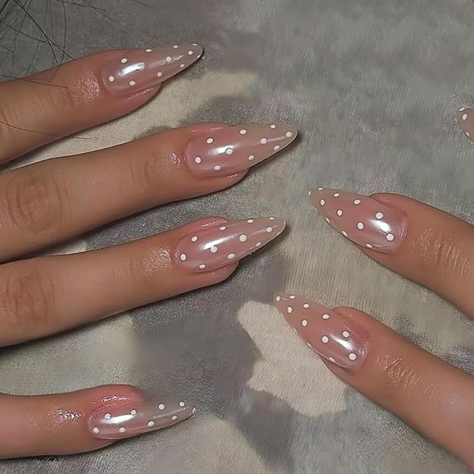 Press on Nails Medium Almond MABKJLF Fake Nails Chrome False Nails with White Polka Dots Designs Full Cover Glossy Glue on Nail Acrylic Nails for Women Girls 24Pcs
