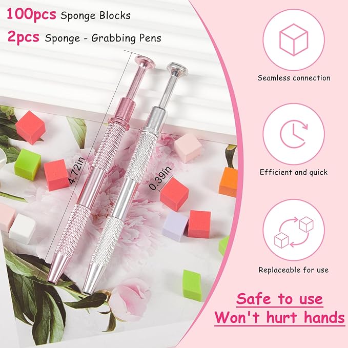100pcs Colorful Cube Nail Sponges for Ombre, 2pcs Pink and Silver Metal Clip Pens for Grabbing Nail Art Sponge Ombre Nail Brush for Nail Art