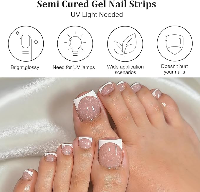 34 Pcs Semi Cured Gel Toe Nail Strips White French Tip Gel Nail Stickers Full Cover Nails Wraps Glitter Toe Nails Polish Strips Stickers for Women UV/LED Light Required