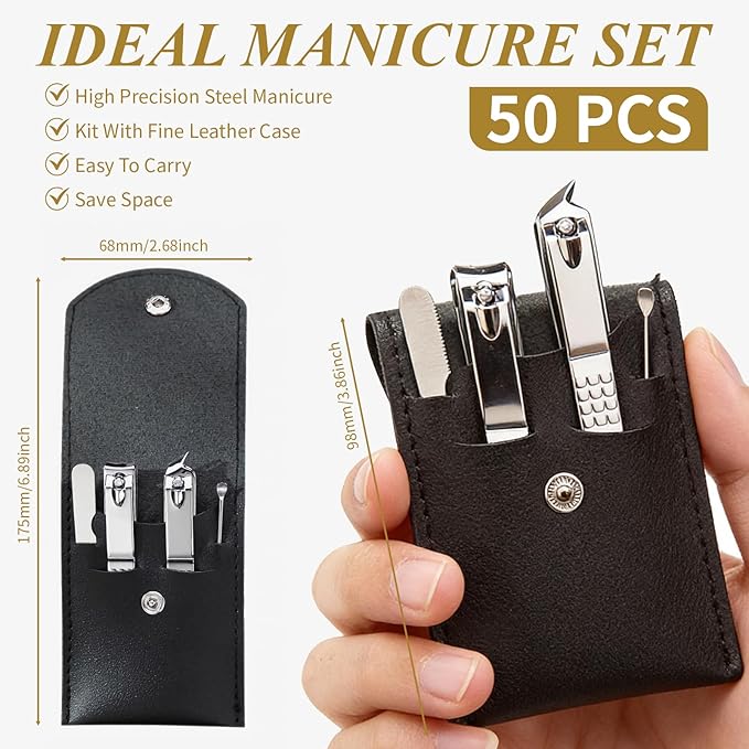 50 Sets Nail Clipper Set Bulk, 4-in-1 Stainless Steel Travel Nail Care Kit, Individually Wrapped Manicure Nail Kits with Case for Adults, Home, Hotel, Personal Care & Events（Black）