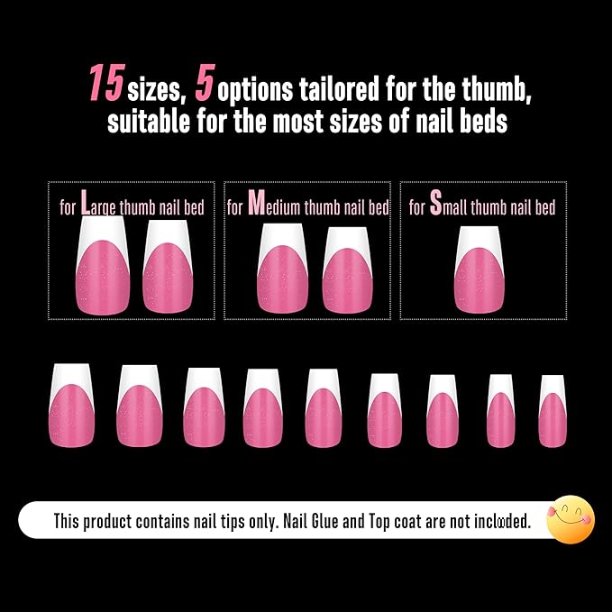 NOVO OVO White French Tip Coffin Nail Tips Press on, ROSE PINK, Extra Thick Medium Soft Gel Fake Nail Acrylic Extension, Need Builder Gel Top Coat, No Glue Included, for Salon DIY 15 Sizes x 240 pcs