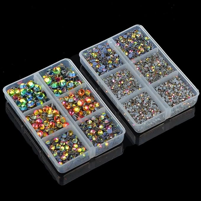10000Pcs 2-Boxes Mixed Size Hot Fix Round Crystals Gems Glass Stones Hotfix Flat Back Rhinestones with Tweezers and Picking Pencil (Vitrail Medium)