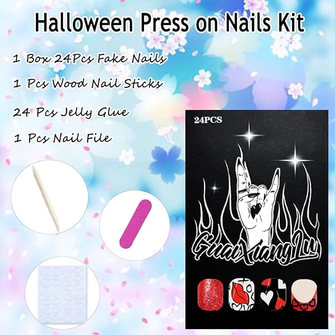 Valentine's Day Press on Nails Short Square Red Lips Red Heart Design Fake Nails Valentines Day Acrylic Nails Glossy Red French Tips Glue on Nails Artificial Full Cover Stick on Nails for Women 24Pcs