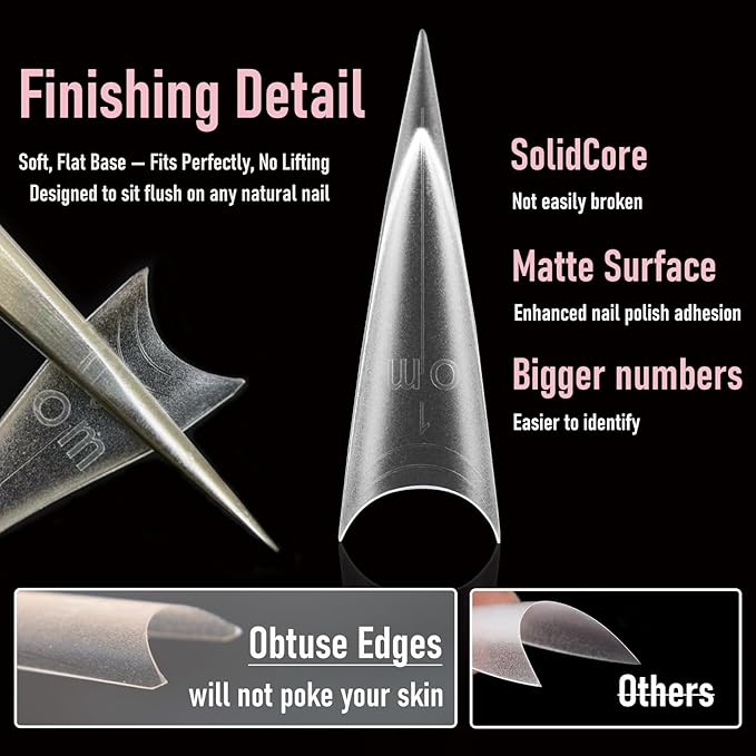 Stiletto Nail Tips Sharp Solid Core Stiletto Half Cover Press on Nails, XXL Clear Fake Acrylic Nails False Nail Tips for Nail Art Design Salon Artistic and Home DIY 15 Sizes