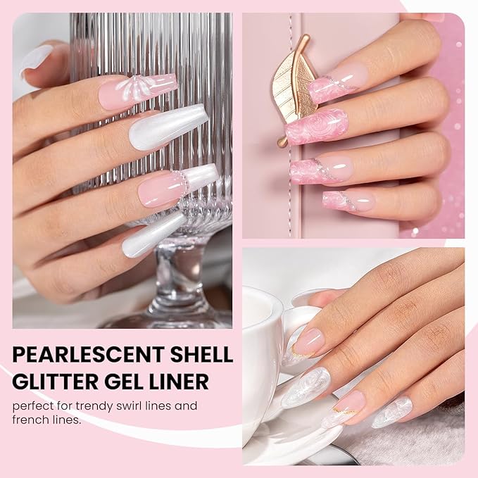 RARJSM Pearl Nail Art Gel Liner 2 Pcs Set Pearlescent Milky Silver White and Pink Shell Glitter Swirl Effect Gel Nail Polish 8ml Build in Thin Brush Painted Drawing Striper GelPolish Curing Requires