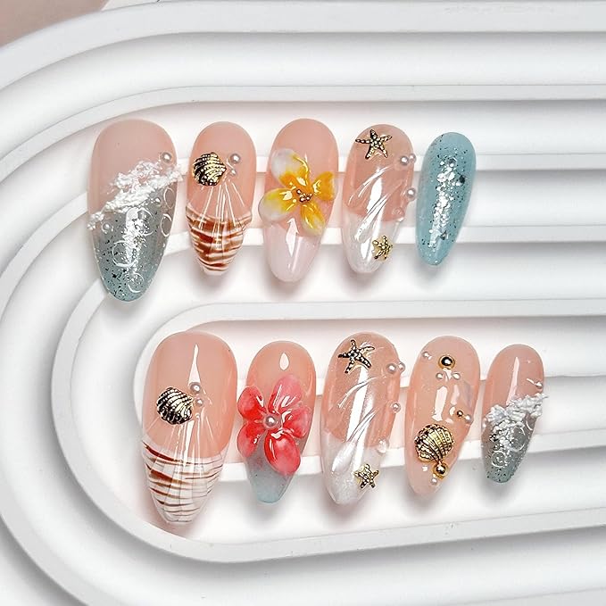 Luxury Press on Nails Medium Almond French Tip Handmade 3D Unique Reusable ABS Material Fake Nails Summer False Nails with Designs Plumeria Floral Art Petal Glossy Glue on Nails Thick Acrylic Nails(S)