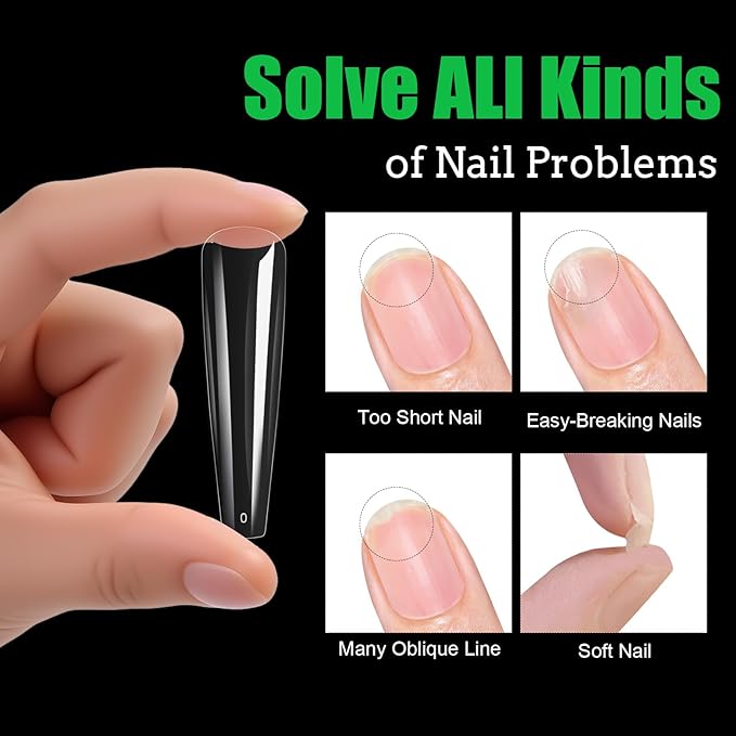 Long Coffin Nail Tips, 240Pcs Full Cover Soft Gel Nail Tips Pre-shaped 3XL Shape Clear Acrylic False Nail Fake Nail Extension Press On for Salon Home DIY 12 Sizes
