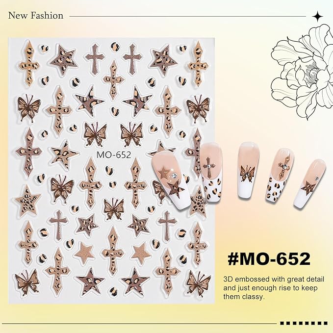6 Sheets Leopard Print Cross Nail Stickers for Nail Art, Coquette Nail Decals,Leopard Flower Star Heart Butterfly 3D Self-Adhesive Nail Art Stickers Design for Women DIY Manicure Decoration YX1228