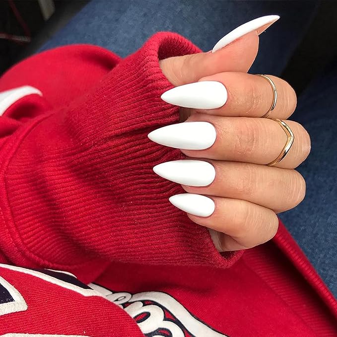 Matte White Press on Nails Almond Shaped Medium Almond Nails Press on Neutral Acrylic Nails Reusable Fake Nails for Women, Glue on Nails Medium Length Stiletto False Nails Soft Gel Artificial Nails