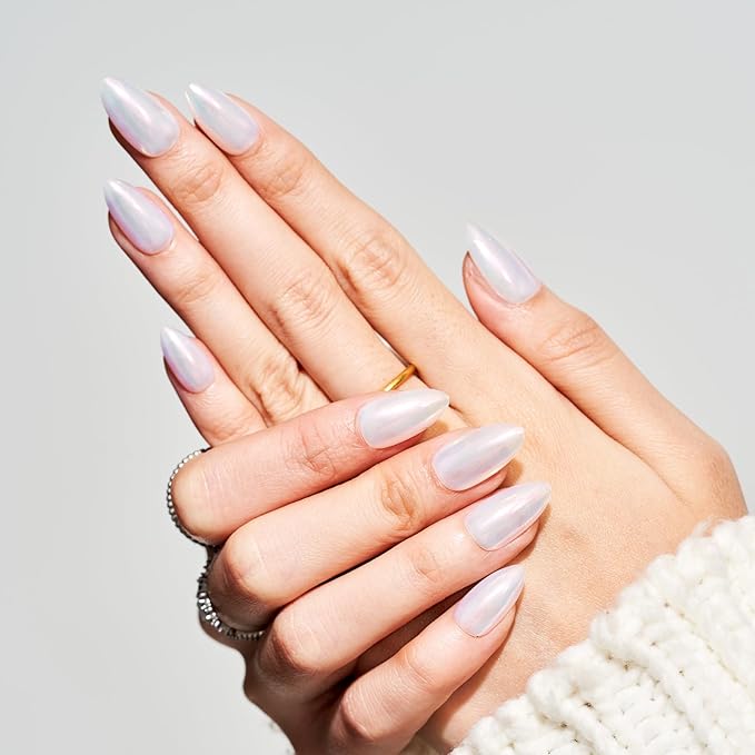GLAMERMAID Chrome Pearl White Press On Nails Short Almond, Mirror Powder Handmade Soft Jelly Gel Fake Nails, Donut Glazed Round Oval Stick Glue on Nails Kit for Women, Reusable Acrylic False Nail Set
