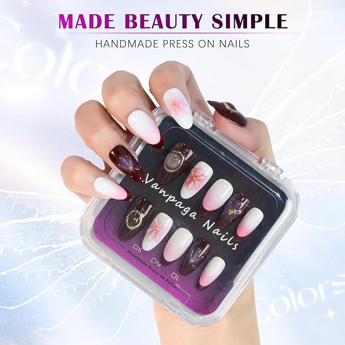 Handmade Press-on Nails Acrylic Almond Shape with 3D Jelly Flowers, Red French Tip & White-Pink Ombre – Short Soft Gel Nails Kit, Reusable Stick-on Nails, Ideal Gift for Women (Size S)