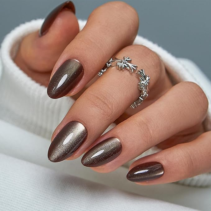 CurvLife Press On Nails Medium Almond, Reusable Soft Gel Fake Nails, Bronze Moca Cat Eye Metallic Glue On Nails with Adhesive Tabs, Salon Quality Natural Fit for Women Girls