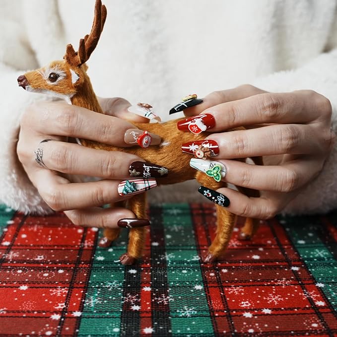 Christmas Press on Nails Medium Coffin Colorful Fake Nails with Cute 3D Elk Santa Claus Xmas Trees Candy Canes Design Winter Handmade Acrylic Nails for New Year (Holiday Gifts,S)