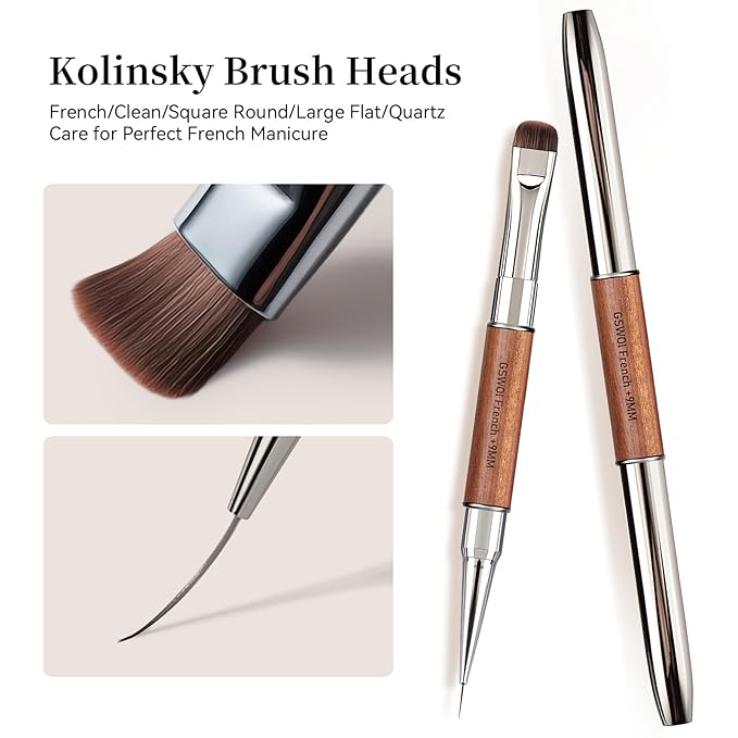 Dual Head Acrylic Nail Brush-French Tip & 9mm Liner with Cleaning Brush for Builder Gel,Polygel & Design-Wood Handle & Metal Caps