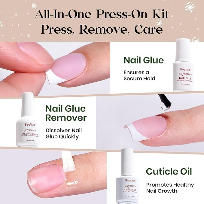 Beetles X Press Plus Red French Tip Nails - Crimson French | 5 Colors Press On Nails Short Square | 160Pcs 16 Sizes All-in-One Kit With Nail Glue,Remover,Builder Top Coat,Nail Lamp Gift