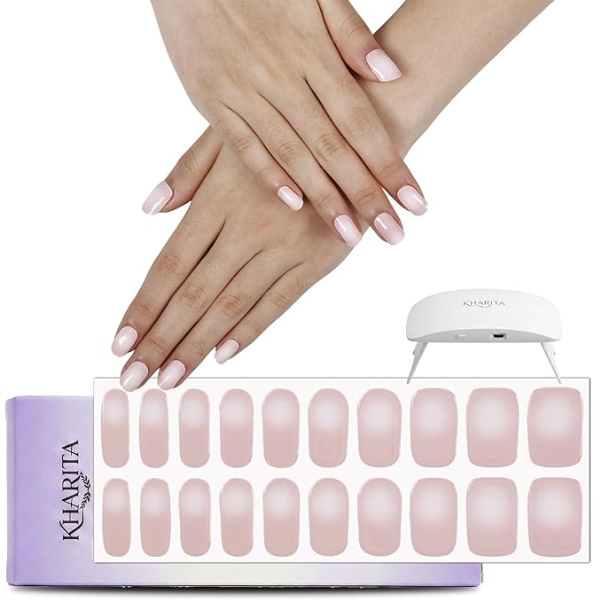Semi Cured Gel Nail Strips – Real Gel Nail Polish Wraps for Brittle Nails | Waterproof Long Lasting Easy Peel-Off Removal | Hema-Free | 20-Piece Pink Aura Salon Kit with UV Lamps