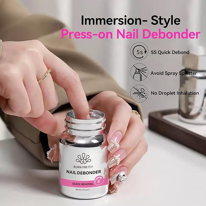 BORN PRETTY 80ML Nail Glue Remover for Press on Nails, 5s Quick Remover Fake Nails with Cuticle Pusher, Easy Remover for Acrylic Tips Nail Glue Fast Acting Adhesive Debonder Acetone-Free
